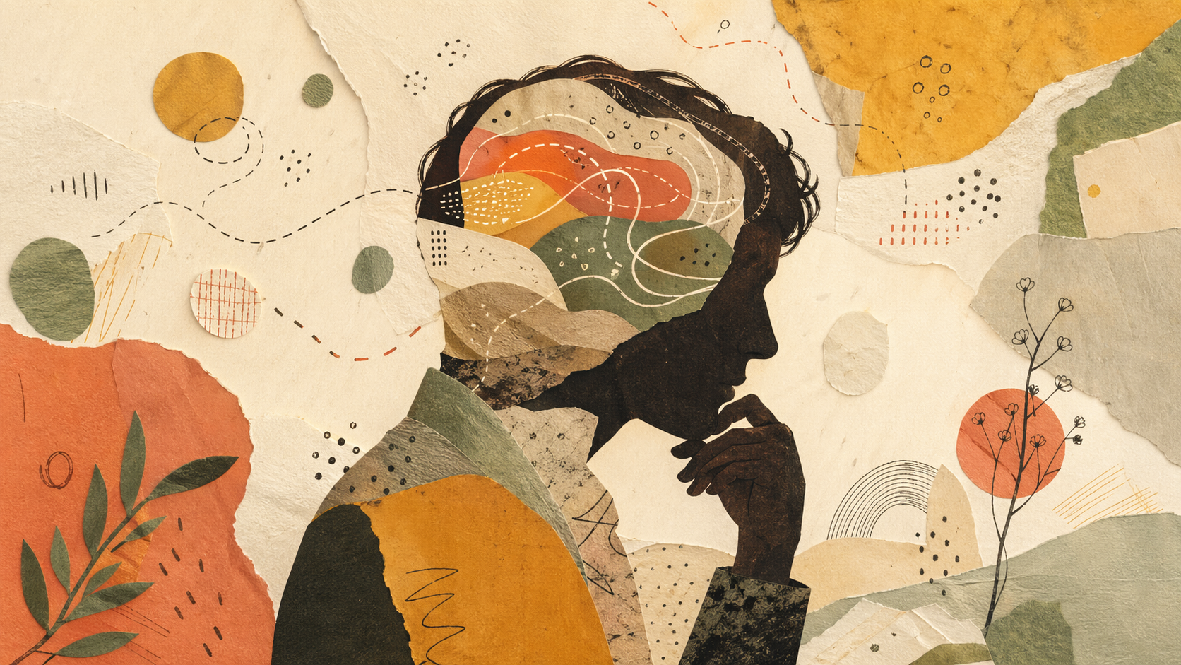An abstract collage illustration about deep thinking, curiosity, and layered thoughts.
