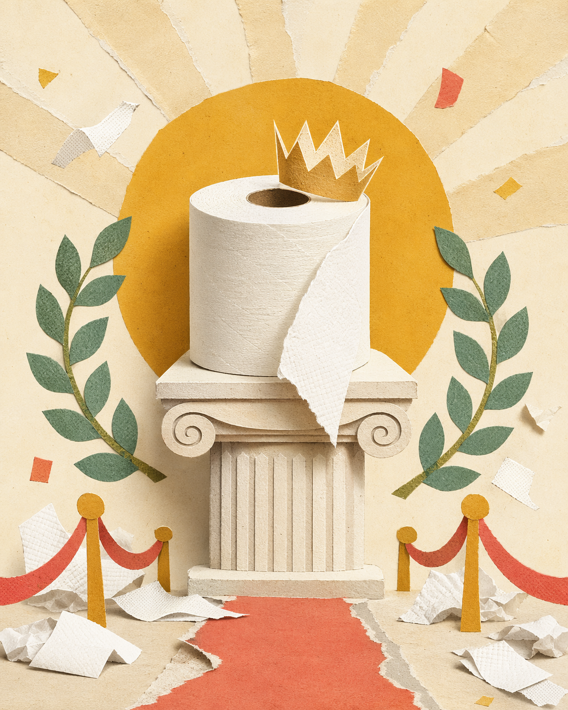 A playful collage illustration of a roll of single-ply toilet paper on a pedestal.